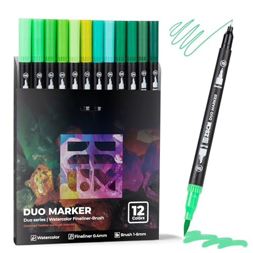 ZSCM Green Duo Tip Marker Pens, 12 Pack Fine & Brush Markers for Adult Coloring Books No Bleeding, Nature Green Markers for Foliage, Landscape Drawings, Botanical Illustrations and Eco Designs