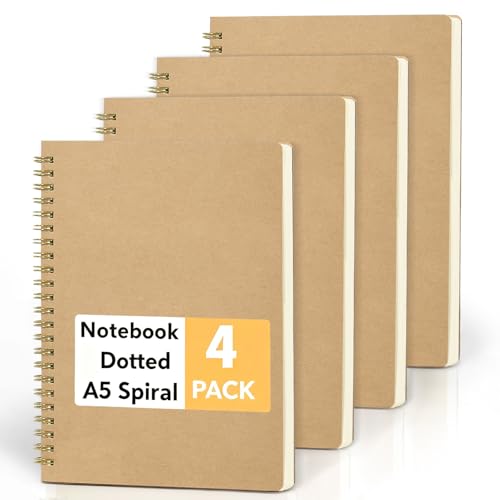 JSQJ Cuaderno Espiral A5 Pack de 4 - Libreta de Notas Punteado 5x5mm 160 Páginas Papel 80g Cubierta de Kraft Bloc de Notas para Bullet Journal Escuela Oficina Diseño