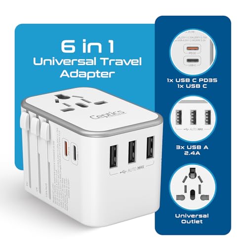Image of Ceptics 6 In 1 Universal Travel Adapter - Type C, USB-A, PD /QC 3.0, USB-C, Black - Worldwide Travel Adapter, Fast Charging, 3.1A Max, 240V, FCC CE RoHS Certified, Surge Protection