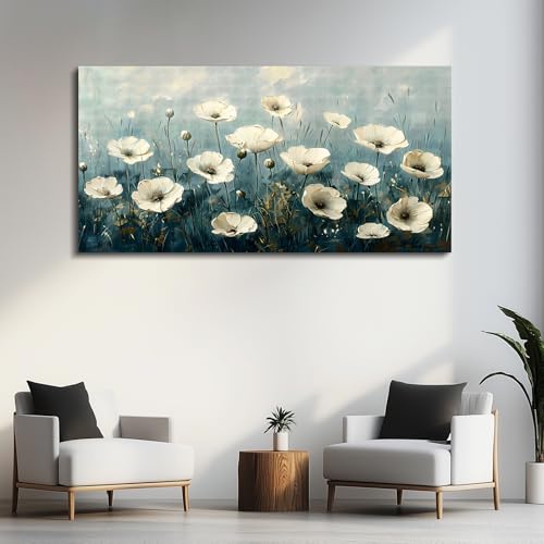 FUHAIHUA Canvas Wall Decor For Bedroom Large Wall Art For Living Room Office Decorations White Flowers Landscape Painting Modern Wall Pictures Aesthetics Posters Ready To Hang Home Decor 24x48 In
