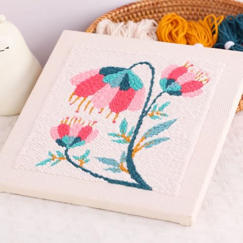 Image of Allazone Punch Needle Kit Frame, Punch Needle Embroidery Kits, Square Punch Needle Fabric with Flower Pattern, Hoop, Yarns, Punch Needle (Beige and Pink)