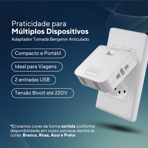 Adaptador Tomada Benjamin Articulado Bivolt com Duas Entradas USB, Conecta 4 Dispositivos Simultanea
