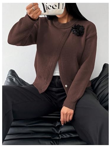 Image of MakeMeChic Women's Wrap Cardigan Sweater Flower Button Down Pullovers Tops Coffee Brown Small