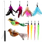 Katzenangel 11 Stück Katzen Spielzeug mit Federn Interaktives Katzenspielzeug Feder Katzenangel Stabil mit Skalierbar Stangen und 10 STK Feder/Vogel/Wurm Ersatz mit Glocken für Kätzchen und Katzen