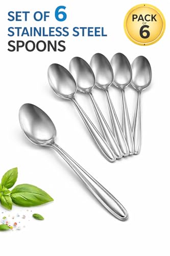 Image of Stainless Steel Table Spoons 16 cm | Mirror Finish | Rust-Resistant | Lightweight Daily Use Dinner Spoons | Dishwasher Safe | Cutlery Set for Home & Kitchen | Catering | Resturants (Set of 6 Spoons)