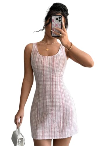 Image of Womens Summer Short Elegant Dresses Bodycon Formal Plaid Pencil Scoop Neck Dresses for Women 2025