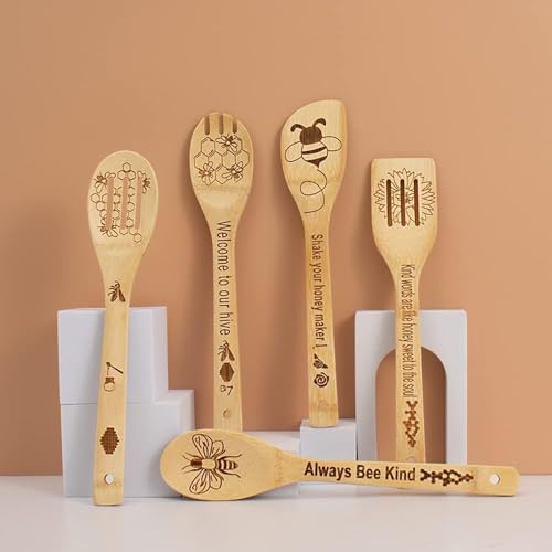 Juego de 5 cucharas de bambú de abeja con utensilios de cocina y espátula grabada 2