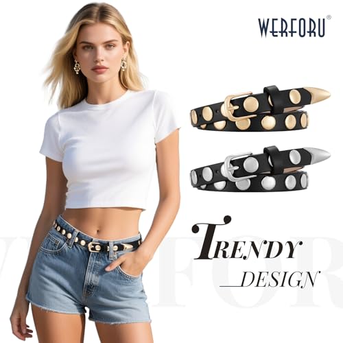 WERFORU 2 Pack Women Skinny Studded Belt Fashion Leather Waistbelts for Women Black Studded Belt for Jeans Pants 0.71" Width2