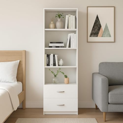 Image of Amazon Brand - Solimo Charm Engineered Wood Book Shelf with 4 Open Shelves & 2 Drawers, White Finish, Multipurpose Storage Rack for Living Room & Study | 60L x 30W x 178H CM | DIY