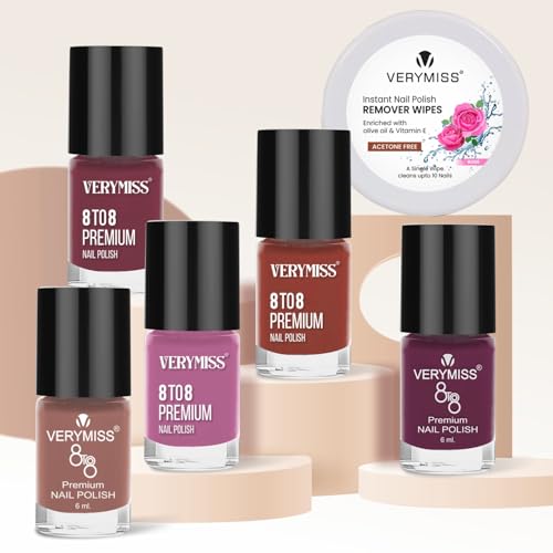 Verymiss 5 Trending Nail Polish Combo I Long Lasting I Vegan I Easy Application I Mini Nail Kit I Quick Dry & Cruelty-Free I Nail Paint of 6ml x 5 + Free Nail Polish Remover Wipe (VMNYK26)