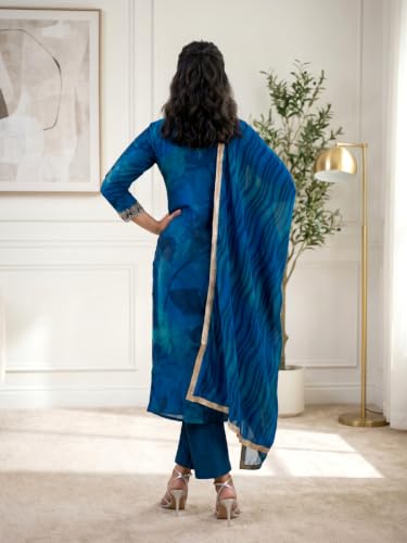 Image of Naixa Women's Blue Viscose Silk Embroidered Printed Straight Kurta with Silk Blend Pant Georgette Printed Dupatta Set | 3 /4th Sleeve | Round Neck | Festive Suit