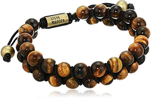 Steve Madden Men's Brown Marbled Bead Double Strand Adjustable Bracelet in Yellow Gold IP Stainless Steel