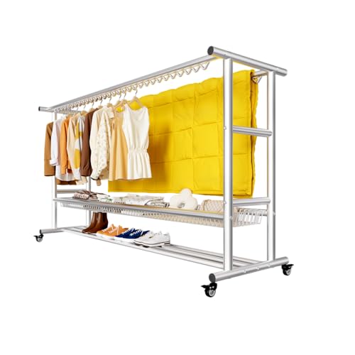 Qcesorib Clothes Airers with Wheels and Shoe Rack, Clothes Drying Rack with Basket, Laundry Drying Rack with Windproof Hook, for Large Capacity Clothes Hanging