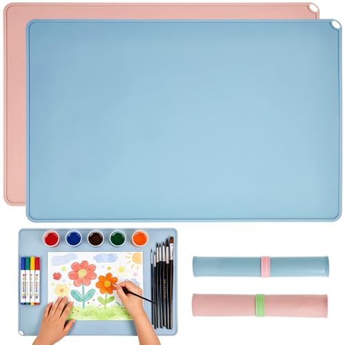 2 Stück Malunterlage für Kinder 60x40cm Bastelunterlage Silikonmatte Groß Bastelunterlage Kinder Antihaft mit Erhöhten Kanten Knetunterlage Kinder Tischset Silikon für Malerei Handarbeit Sandkunst