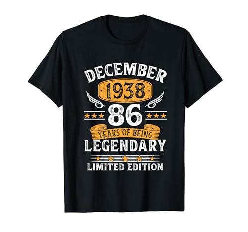 Regalo 86 Cumpleaños Mujer 86 Años Hombre Diciembre 1938 Camiseta