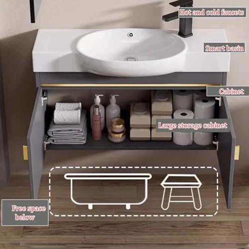Wall Mounted Ceramic Vanity Sink with Mirror, Floating Wash Basin for Small Spaces, Space-Saving Bathroom Solution,