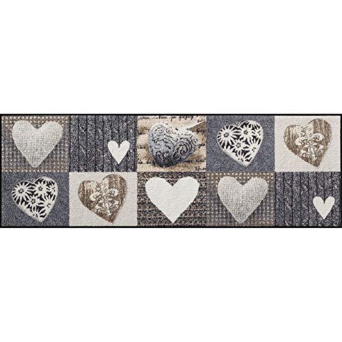 Salonloewe Fußmatte waschbar Alpenglück Herzen 60x180 cm Wohn-Teppich Flur-Läufer grau-beige...