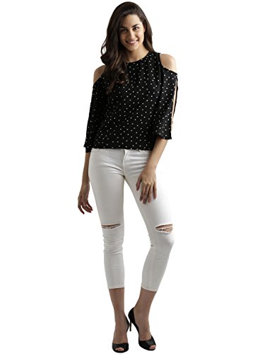 Image of Miss Chase Women's Black Polka Dot Cold Shoulder Top