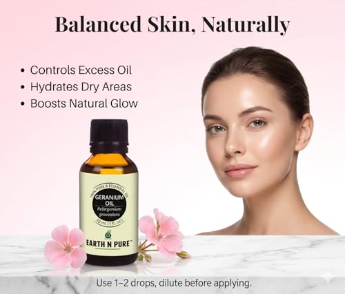 Image of Earth N Pure Geranium Essential Oil | 100% Pure & Natural | Balanced Skin, Healthy Hair & Relaxation | Undiluted | Vegan & Cruelty-Free | 15ml