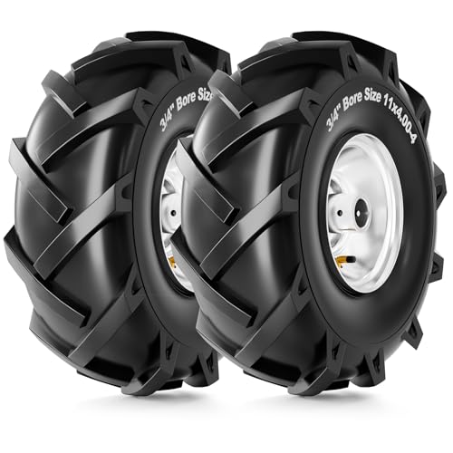 RONPOW 11x4.00-4 Tiller Tire and Wheel 3/4 Axle Bore 3-1/8 Centered Hub 400 lb Load Capacity 4 Ply Pneumatic Replacement Tire for Rototiller & Garden Tiller 2 Pack Silver