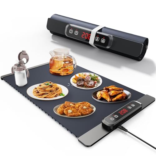 Warmhalteplatte für Speisen,Tragbar & Faltbar mit Einstellbarer Temperaturkontrolle, Nano-Silikonmaterial, Ganzflächige Erwärmung für Warmhalten & Auftauen (Dunkelbla)