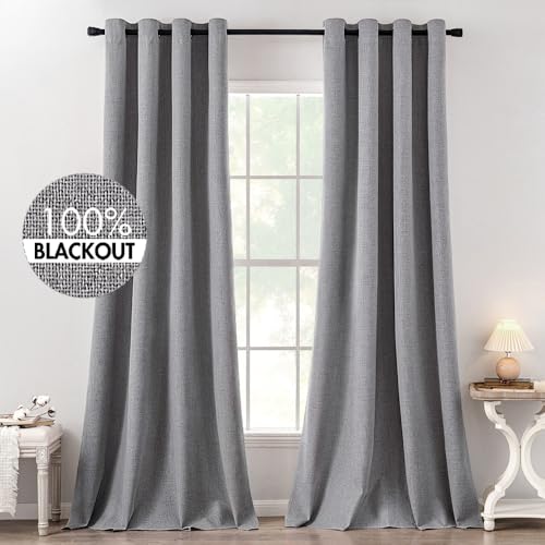 Image of MIULEE Linen Texture Curtains for Bedroom Solid 100% Blackout Thermal Insulated Grey Curtains Grommet Room Darkening Curtains /Draperies Luxury Decor for Living Room 52x120 Inch (2 Panels)