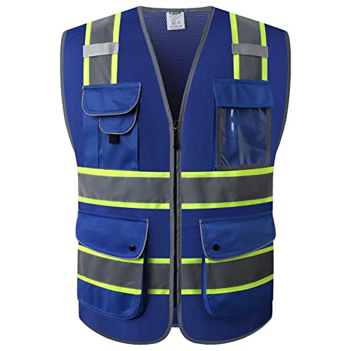 Image of JKSafety 9 Pockets Hi-Vis Zipper Front MESH Neon Blue Safety Vest with Fluorescent Yellow Extended Trim outling the Reflective Tapes Meet ANSI /ISEA Standards (100-Mesh-Blue, 5X-Large)