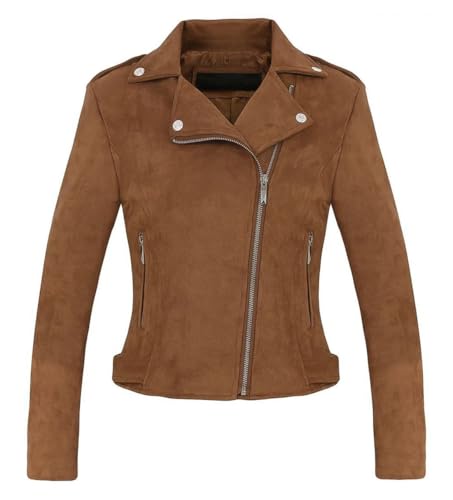 CHARTOU Women's Fall 2023 Fashion Faux Suede Leather Casual Moto Biker Jacket Coats (Medium, Coffee)