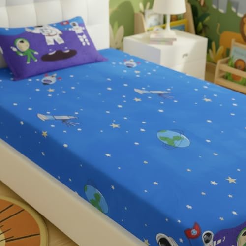 Image of Filymore Kids Single bedsheet Space and Astronaut Theme for Single Size Bed 240 TC Microfiber Soft Cartoon bedcover for Kids Room (90x60 Inches)(SkyBlue and Grey)