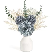 Mkono Small Artificial Flowers in Ceramic Vase 12.5" Centerpieces Coffee Table Decor, Silk Flower Arrangements for Home Decor Indoor Fake Flower Bouquet for Bathroom Dining Room Kitchen Wedding Blue