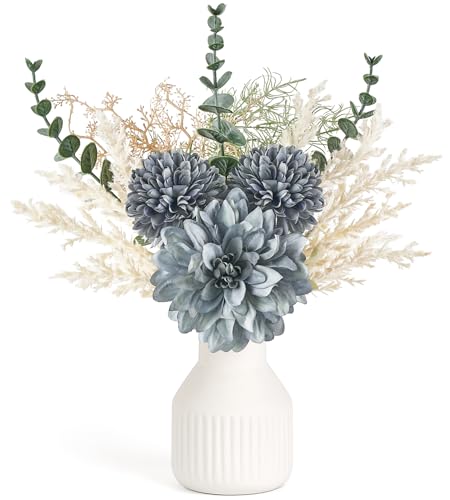 Mkono Pequeñas flores artificiales en jarrón de cerámica de 13.5 pulgadas, decoración de mesa de café, arreglos florales de seda para decoración del hogar, ramo de flores falsas para baño, comedor