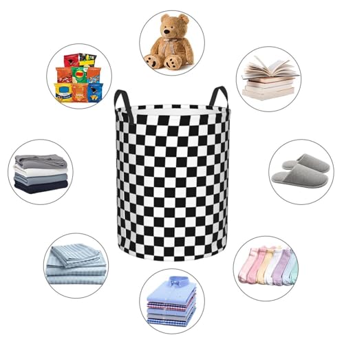 Image of Laundry Basket Black White Checkered Decor - Waterproof Laundry Hamper Race Car Room Decor Collapsible Laundry Baskets With Handles - Toy /Clothes Storage Basket For Home Bedroom Bathroom Decor