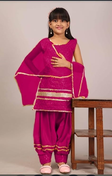 Image of Girls Ethnic Wear Embroidery Cotton Blend Kurti Patiala Set with Dupatta - Traditional Indian Outfit for Birthday Anniversary Festive Gift Occasion Gift Rakshabandhan Rakhi Diwali Wear