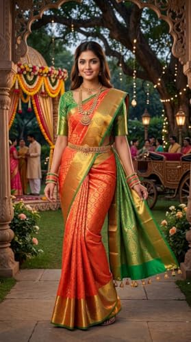 Image of VFCollections Women's Traditional Handloom Kanchipuram Silk Saree | Rich Zari Woven Design | Unstitched Blouse Piece
