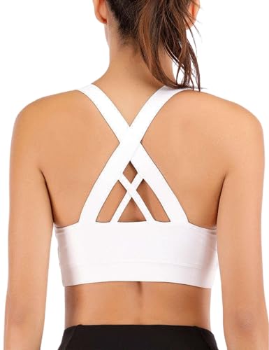 LAJERIN Sport BH Damen Starker Halt Push up Sport Bra Gekreuzt Rücken Gepolstert Sports Bra mit Abnehmbaren Gepolstert für Fitness Lauf Joggen Yoga, Weiß-L