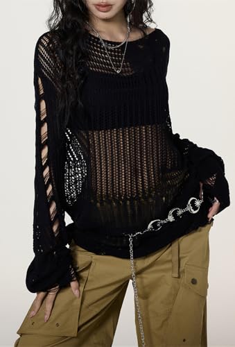 Image of Goth Y2K Striped Sweater Grunge Ripped Punk Gothic Sweaters for Women