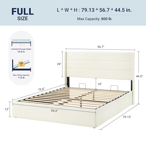 Image of Allewie Full Size Lift Up Storage Bed, Chenille Fabric Upholstered, Modern Wingback Headboard, Hydraulic Support, No Box Spring Needed, Cream White