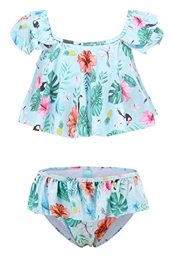 Image of HowJoJo Girls Two Piece Tankini Swimsuit Green Floral Bathing Suit Swimwear
