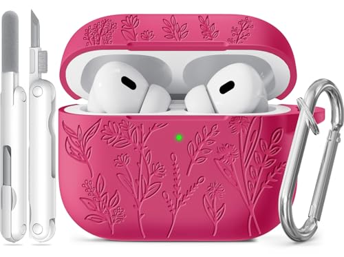 Image of Flower Engraved Case for Apple AirPods Pro 2nd /1st Generation, Soft Silicone AirPods Pro 2 Gen Protective Cover for Women Airpod Cases with Clean Kit,Carabiner,Front LED Visible