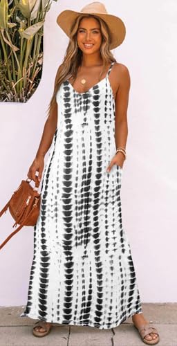 Image of Bluetime Women Summer Spaghetti Strap Maxi Dress V-Neck Sleeveless Flowy Boho Floral Beach Long Dress with Pockets