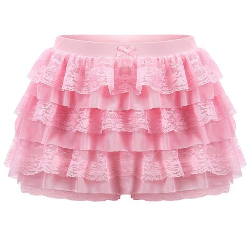 ROLOSI Women Ruffle Shorts Lace Multi-Layered Bloomers Lolita Bloomers Cute Pumpkin Pants Sexy Boyshorts Mini Shorts Pettipants Pink