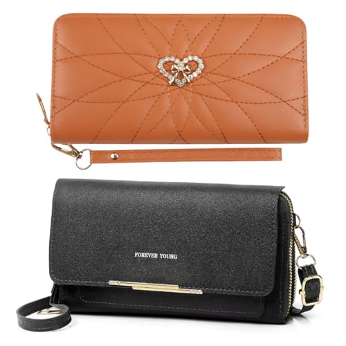 Two packs Womens Wallet Leather Wallet for Women Ladies Leather Wallets Zip Around Large Long Wristlet Card Holder Organizer Phone Purse