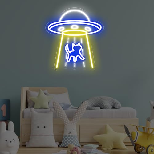 Image of UFO Neon Sign, UFO Cat Led Sign, Neon Led Wall Art, Game Room Neon Sign, Custom Neon Signs, Flying Saucer Bedroom Decor, Gift for Kids, 14 inchx13 inch