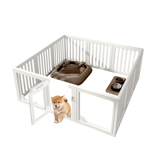 Dog Playpen with Door, Secure Indoor Pet Playpen for Dogs Puppies Cats Rabbits Ferrets - Easy Setup & Clean Plastic Pen with Anchors & Suction Cups for Small Medium Pets (9+3: 59''*59'')
