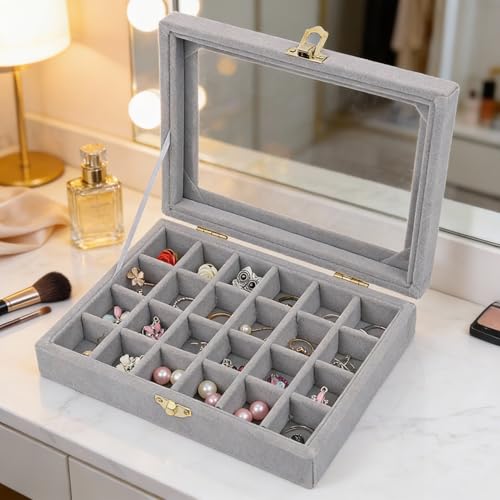 Image of BucketList Women's Velvet Glass Ring Earrings Jewelry Box - Display Storage Showcase Holder Organizer (24 Grid Jewellery Box Grey)