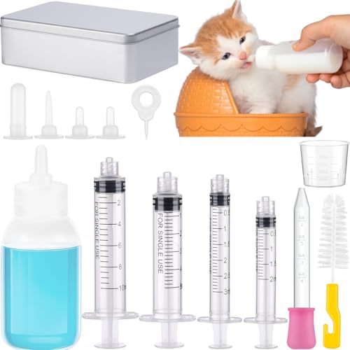 GPUSFAK Kit de 14 biberones para mascotas con caja de lata de metal y biberones de alimentación para cachorros, suministros para recién nacidos y animales pequeños