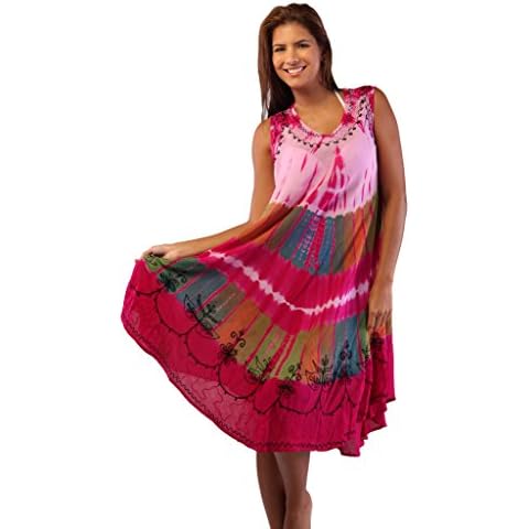 INGEAR Soft Rayon Casual Hand Tie Dye Neck Ari Short Beach Dress Tunic Coverup (One Size, Pink) Cover