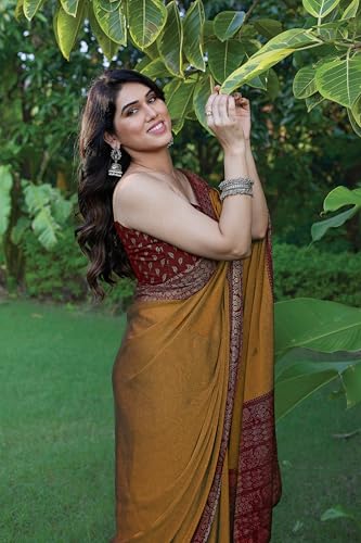 Image of MIRCHI FASHION Saree for Woman Chiffon Georgette Solid with Contrast Border | Lightweight Daily Wear Women's Sari and Printed Blouse Piece