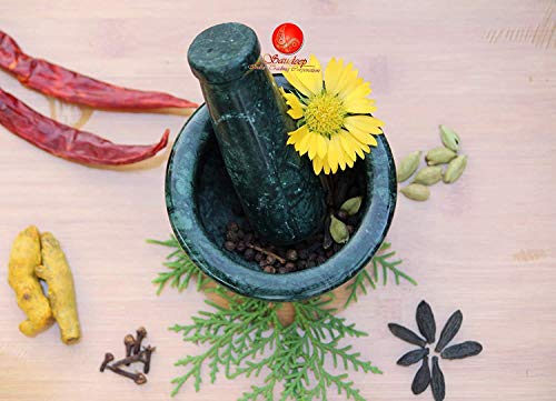 Image of Saudeep India Green Marble Granite Imam Dasta, Mortar and Pestle Set, Ohkli Musal, Kundi, Kharal or khalbatta or Mixer and Grinder Set for Kitchen (Green, 4x3 Inchs)