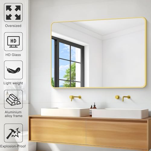 Image of 36 inchx48 inch Bathroom Mirror, Gold Rectangle Mirror, Large Rectangular Wall Mirror, Rounded Corner Vanity Mirror with Aluminum Metal Frame for Bathroom Bedroom Living Room Horizontal /Vertical
